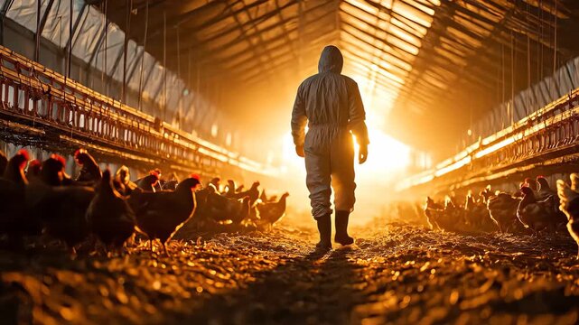 Silhouette of a Farmer Walking Through a Poultry Farm at Sunrise