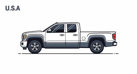 A detailed illustration of a white and gray four-door pickup truck parked on a dashed line.