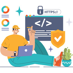 Man With Laptop Sitting Near Coding Screen With Security Shield And Charts On Transparent Background