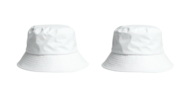 Two identical, solid white bucket hats against a black background