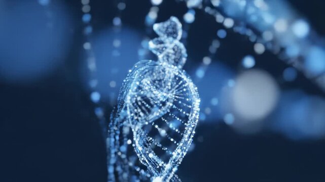 Dna Molecule Spins in Blue Abstract Scientific Visualisation, Concept