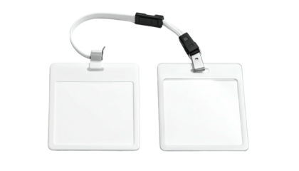 Two blank, white ID cards hanging on white lanyard