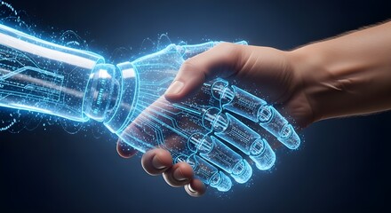 A realistic concept of a human hand shaking a holographic robotic hand made of glowing blue light and digital particles