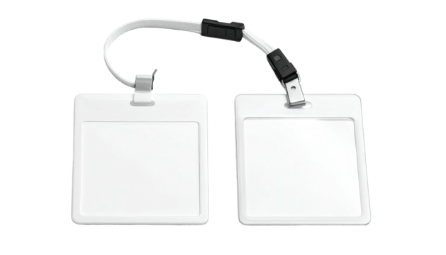 Two blank, white ID cards hanging on white lanyard