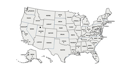 Black and white map of the United States of America with state names labeled. © NanzZ