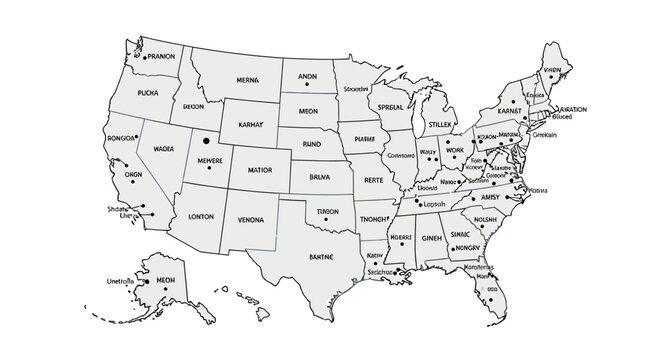 Black and white map of the United States of America with state names labeled.