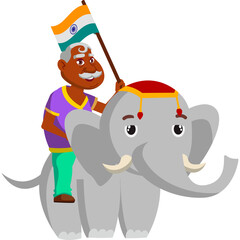 Elderly Indian Man Rides An Elephant Holding A Flag On Transparent Background