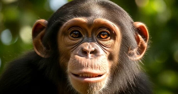 Closeup of a chimpanzee with an open mouth showing teeth in the jungle