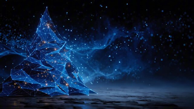 Futuristic Digital Christmas Tree with Glowing Blue Lights and Abstract Geometric Design. Christmas and New Year concept