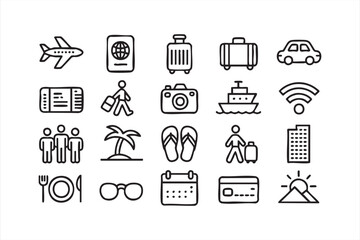 Minimalist vector pack of airplane, luggage, and passport icons for travel projects
