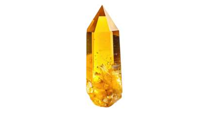 Yellow crystal point with internal fractures against black backdrop