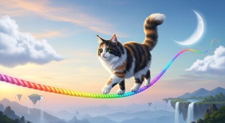 Obraz premium A cat walking on a rainbow-colored rope against a fantastical, ethereal background with a crescent moon and mountains.