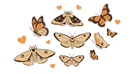 Obraz premium An aesthetic illustration featuring various delicate moths and butterflies in earthy tones, adorned with small hearts, celebrating nature and love.