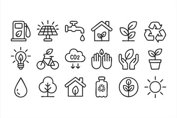 Fototapeta premium Clean vector icon collection showing recycling, solar, and plant growth symbols