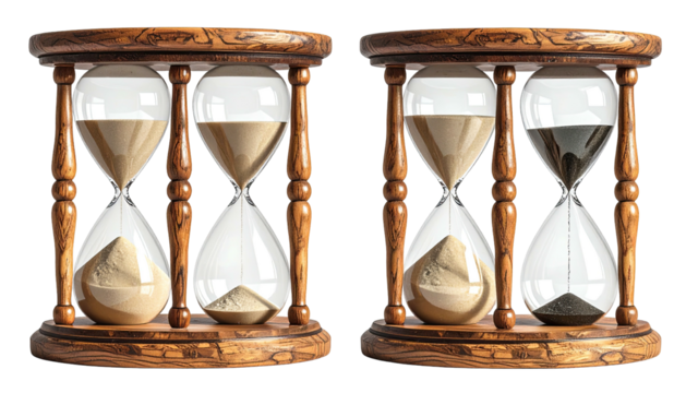 Two hourglasses, one black-sand, wooden frame, close-up