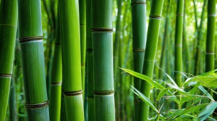 Obraz premium Tall green bamboo stalks create a peaceful atmosphere in a lush forest with sunlight filtering through leaves.