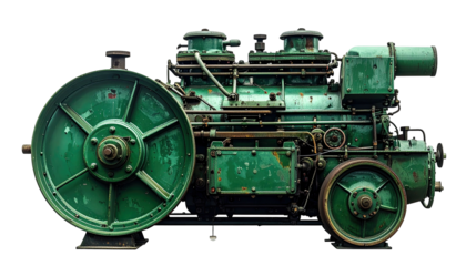 Green, rusty vintage machine with flywheel, cylinders, and pipes