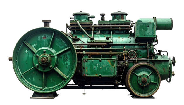 Green, rusty vintage machine with flywheel, cylinders, and pipes - Powered by Adobe