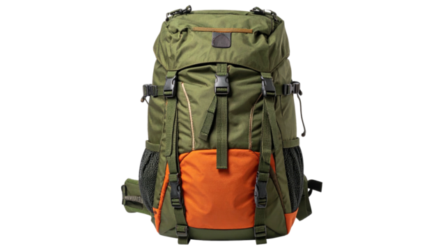 Olive-green backpacking rucksack with orange accents, against black