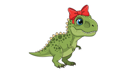 Obraz premium Cute baby green dinosaur with a red bow on its head, standing and smiling, a charming cartoon character design.