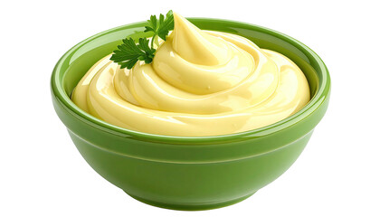 Mayonnaise swirl in green bowl with parsley garnish