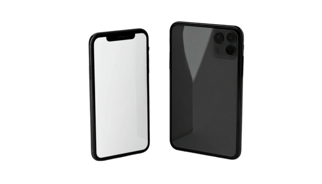 Two smartphones, one blank screen, and one with triple lenses