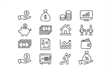 Clean vector line icons of banking, budget, and savings for digital use