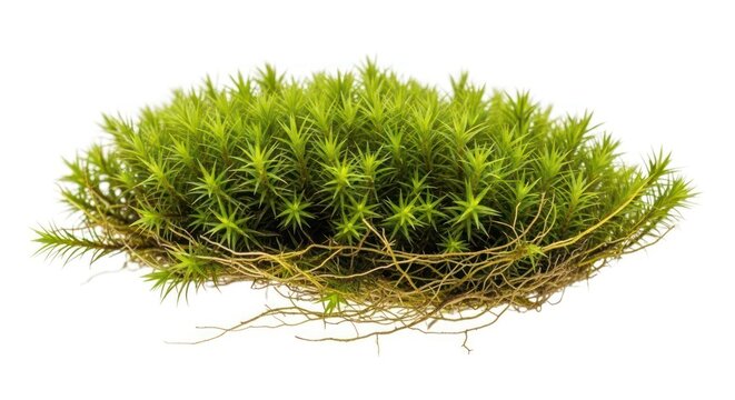 Close-up Fresh Green Star Moss Isolated on White Background Detail