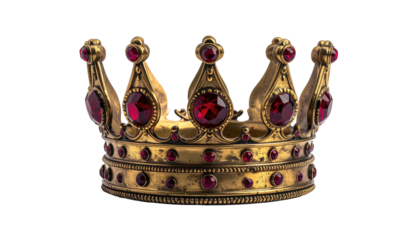 Golden crown adorned with red jewels on a black background