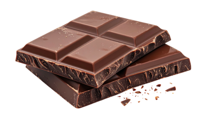 Glossy dark chocolate squares stacked, against a black backdrop