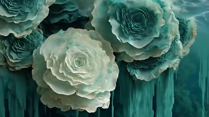 Surreal underwater garden scene featuring ethereal floral structures and flowy textures - Powered by Adobe