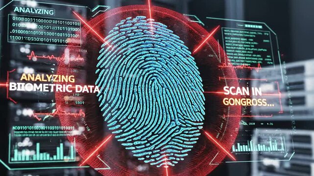 Futuristic digital display, fingerprint scan in progress. Holographic interface with data analysis - Powered by Adobe
