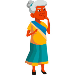 Elderly Woman With Gray Hair And Blue Skirt Thinking Deeply With Concerned Expression Orange Skin Tone On Transparent Background