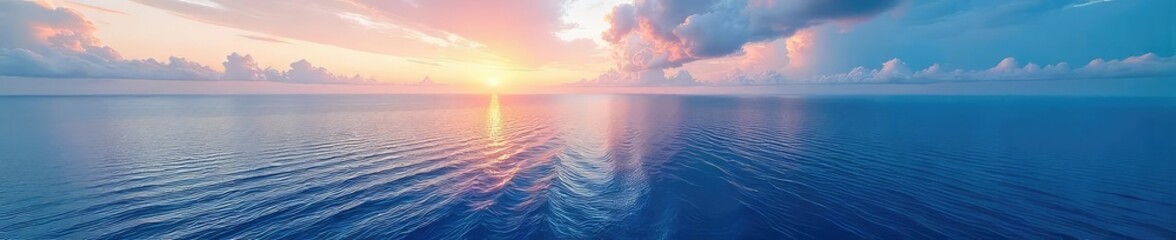 A breathtaking panoramic view of a vast, deep blue ocean, stretching to the horizon under a vibrant sky Perfect for travel, nature, and environmental projects , sunlight, marine life, summer
