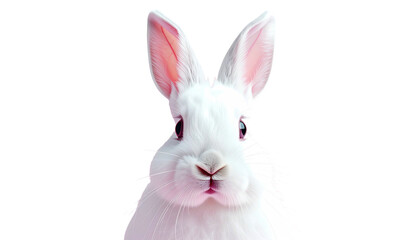 Fluffy white rabbit headshot, pink ears. Black background