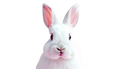 Fluffy white rabbit headshot, pink ears. Black background