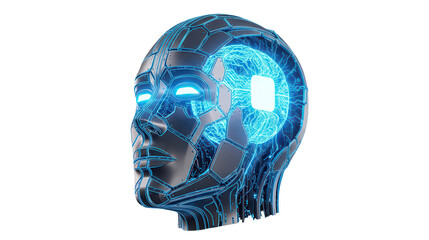 Futuristic ai head with glowing brain and circuit details showcases advanced technology and artificial intelligence concepts in a modern design on transparent background