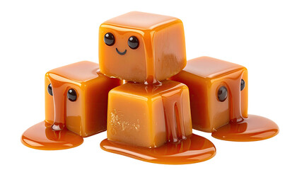 Smiling caramel cubes stacked, glistening with dripping sauce