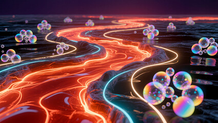 Glowing river of light with colorful bubbles in the dark
