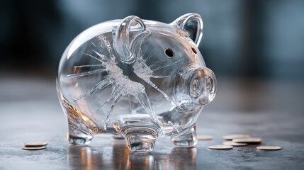 Broken glass piggy bank with scattered coins on table symbolizing financial stress from high interest rates