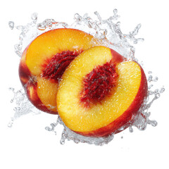 Two peach slices with water splash png fruit png fresh png juice png splash png tropical png summer png dessert png juicy png motion png transparent background image