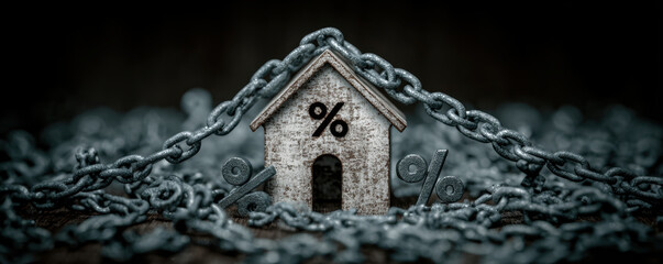 House with percentage symbol surrounded by metal chain representing high interest rates and financial restriction in real estate market