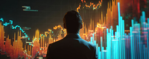Man watches colorful financial charts on screen showing high interest rates impact with focus and determination in dark room