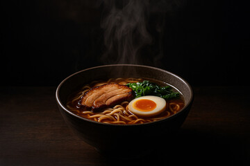 Enjoy delicious steaming ramen with pork and egg on a dark wooden table
