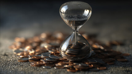 Time concept with hourglass and coins symbolizing high interest rates and financial urgency in dimly lit setting