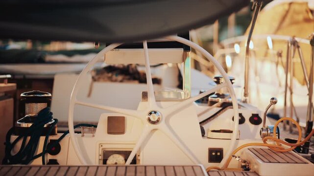 Close up view of a sailboat cockpit with ropes, steering wheel, and control levers
