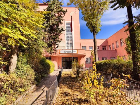Ankara, Turkey, October 31, 2025, Entrance of the "Ankara Z&uuml;beyde Hanım Kız Mesleki ve Teknik Anadolu Lisesi" (Girls' Vocational and Technical Anatolian High School), Featuring Pink/Salmon Colored.