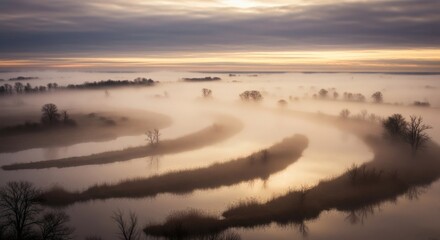 Aerial view of a winding river at dawn, shrouded in mist, with hints of trees