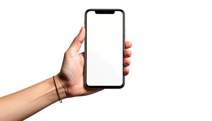 Hand holds blank smartphone screen. Black background. Isolated