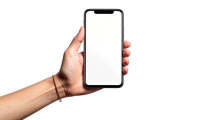 Hand holds blank smartphone screen. Black background. Isolated